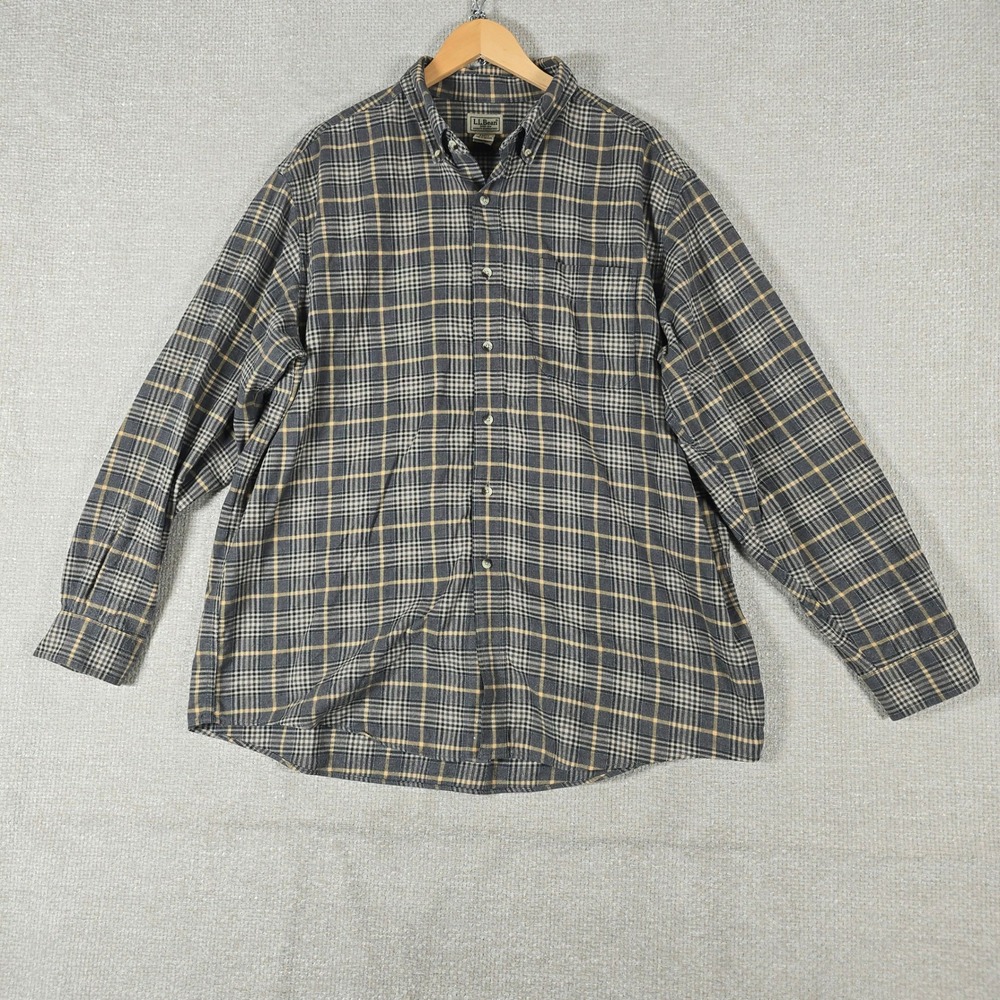 LL‎ Bean Mens Flannel XL Plaid Button Down Shirt Grey Blue Yellow 100% Cotton